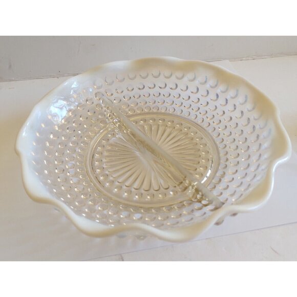 Vintage Fenton Glass Divided Hobnail Serving Dish scalloped frosted edges 7 3/4" - Picture 2 of 11